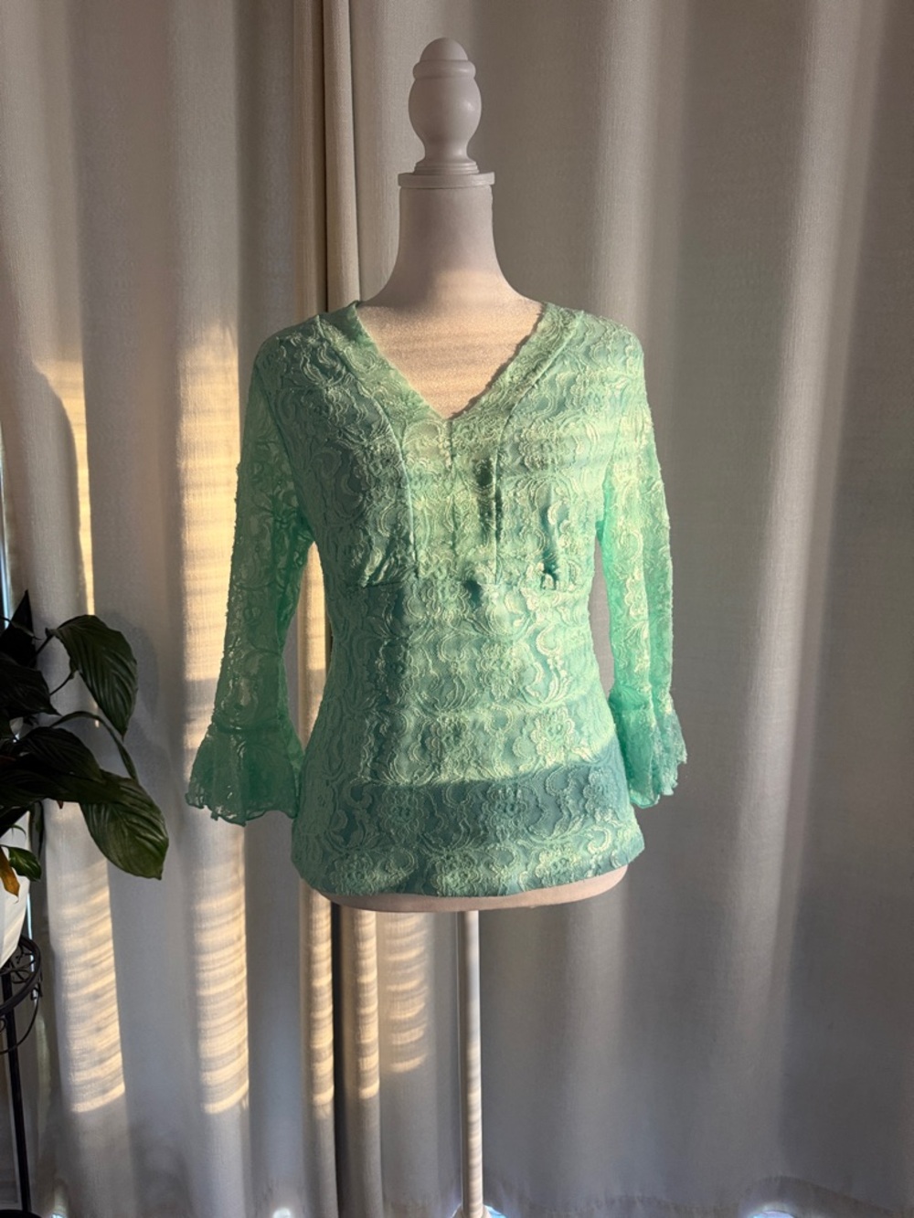 Women's Mint Lace V-Neck Blouse with Bell Sleeves